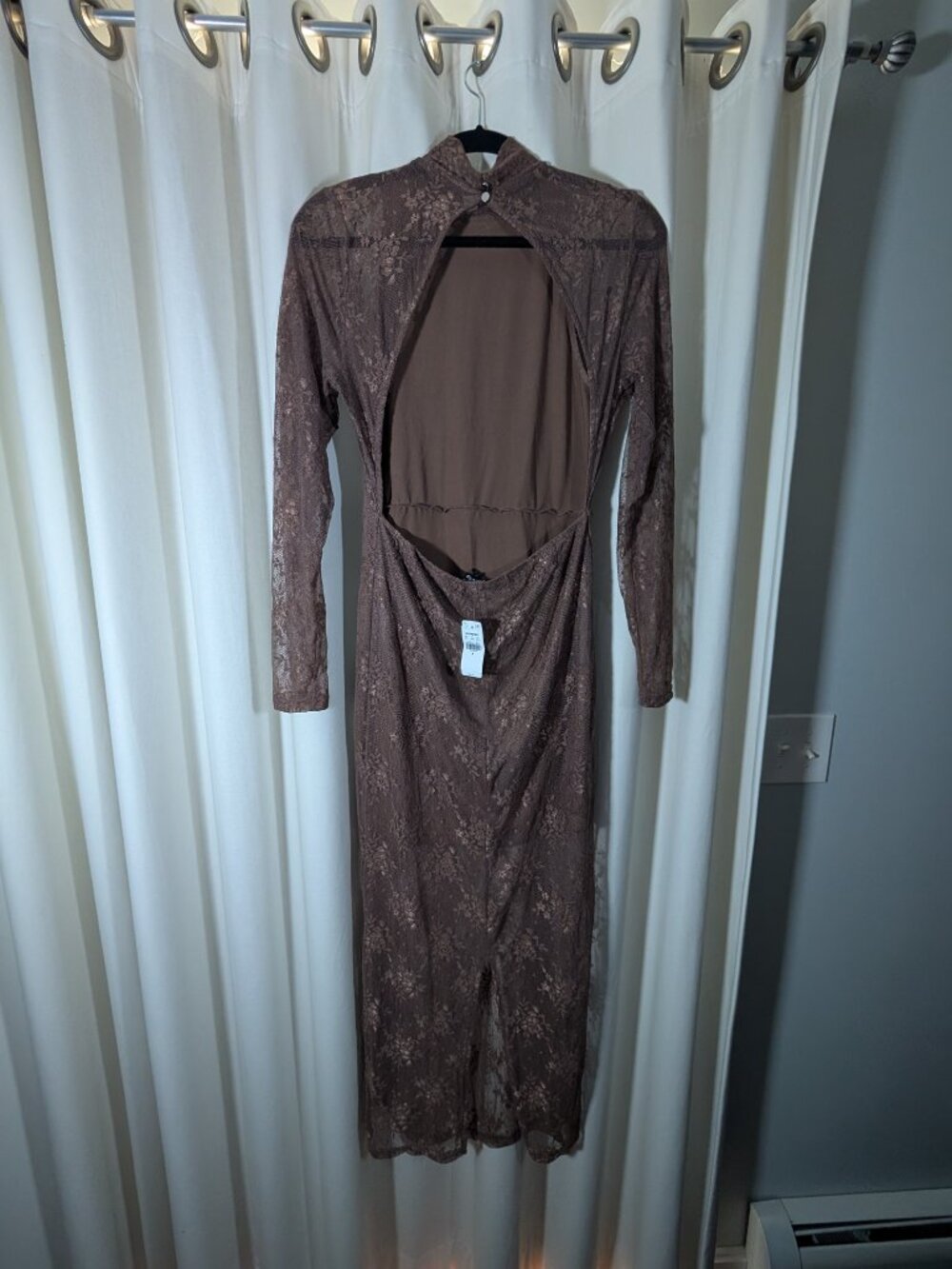 EXPRESS Long Sleeve Mock Neck Lace Maxi Dress Women's Size M Cocoa, Sexy, 1321 - Picture 8 of 13